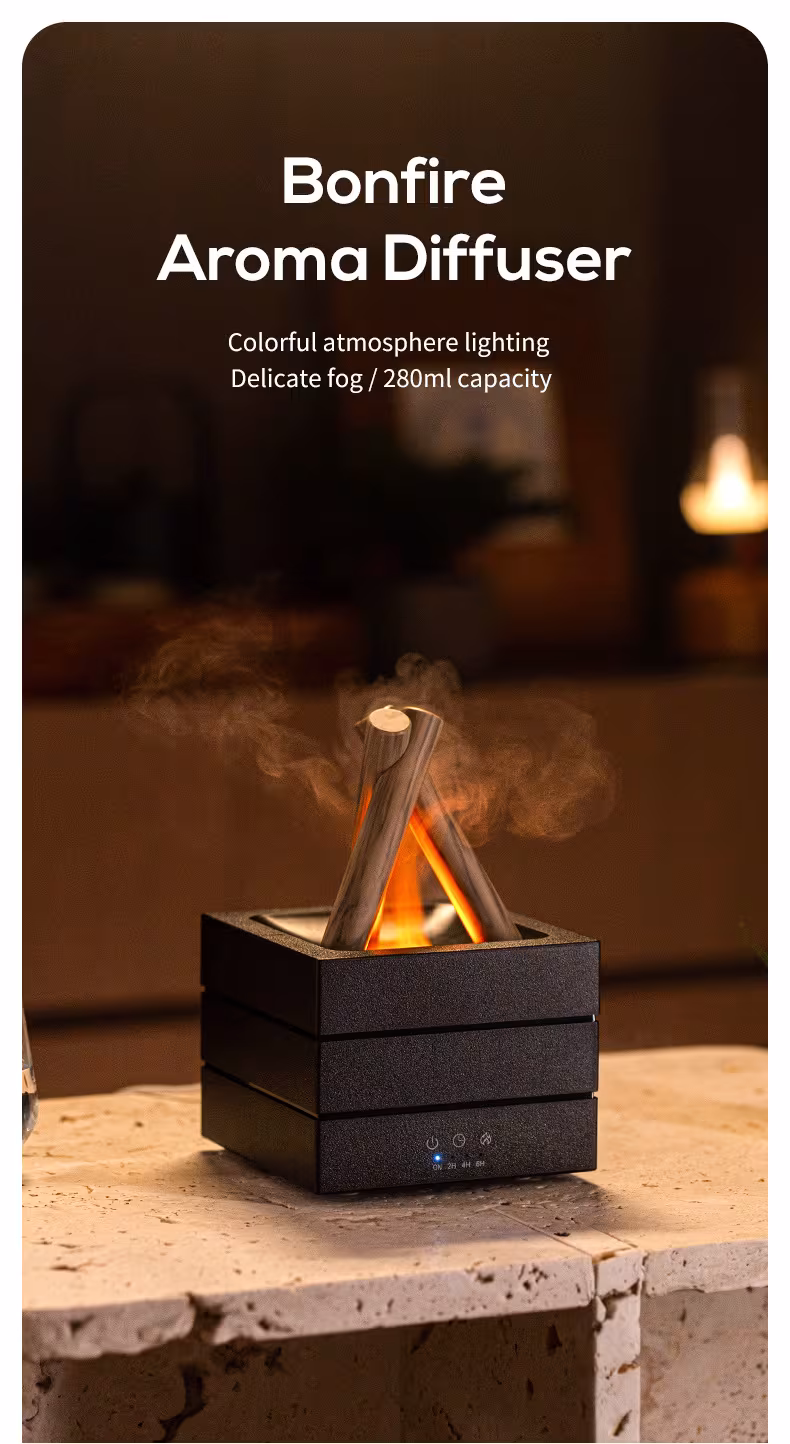 Flame Effect Aromatherapy Humidifier Aroma Diffuser Desktop Usb Plug-in Heavy Fog Humidifier USB Desktop Diffuser With Large Mist Essential Oil Compatible 7-Color LED Light