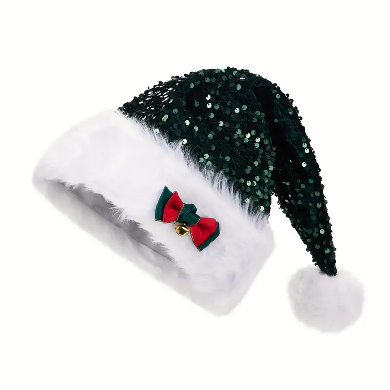 Christmas Hat With Red Sequins And Bow Design Warm Plush Decorative Hat, Christmas Enlarged And Thickened Long Haired Hat