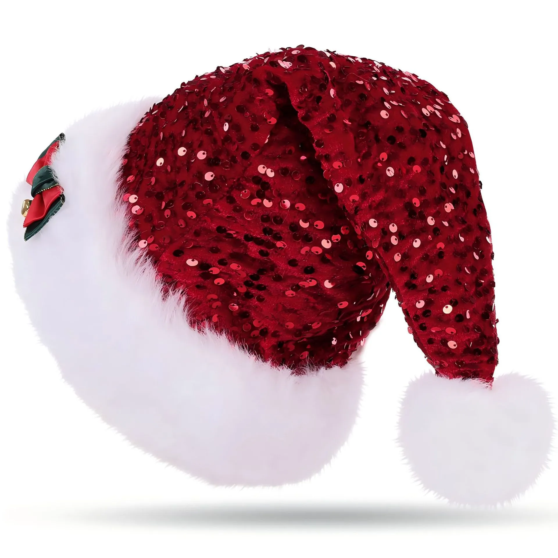 Christmas Hat With Red Sequins And Bow Design Warm Plush Decorative Hat, Christmas Enlarged And Thickened Long Haired Hat