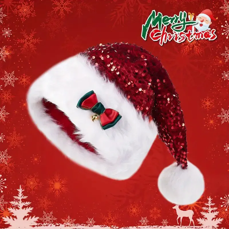 Christmas Hat With Red Sequins And Bow Design Warm Plush Decorative Hat, Christmas Enlarged And Thickened Long Haired Hat