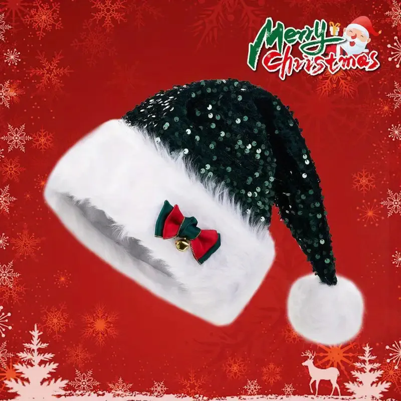 Christmas Hat With Red Sequins And Bow Design Warm Plush Decorative Hat, Christmas Enlarged And Thickened Long Haired Hat