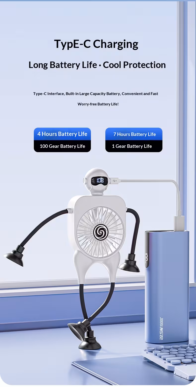 Robot Fan USB Rechargeable Desk Fan Mini Digital Display Table Fan With Suction Cup Portable Cooling Office Car Travel