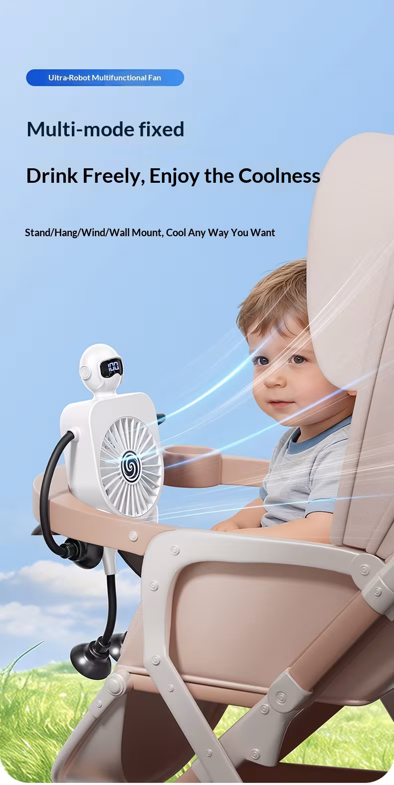 Robot Fan USB Rechargeable Desk Fan Mini Digital Display Table Fan With Suction Cup Portable Cooling Office Car Travel