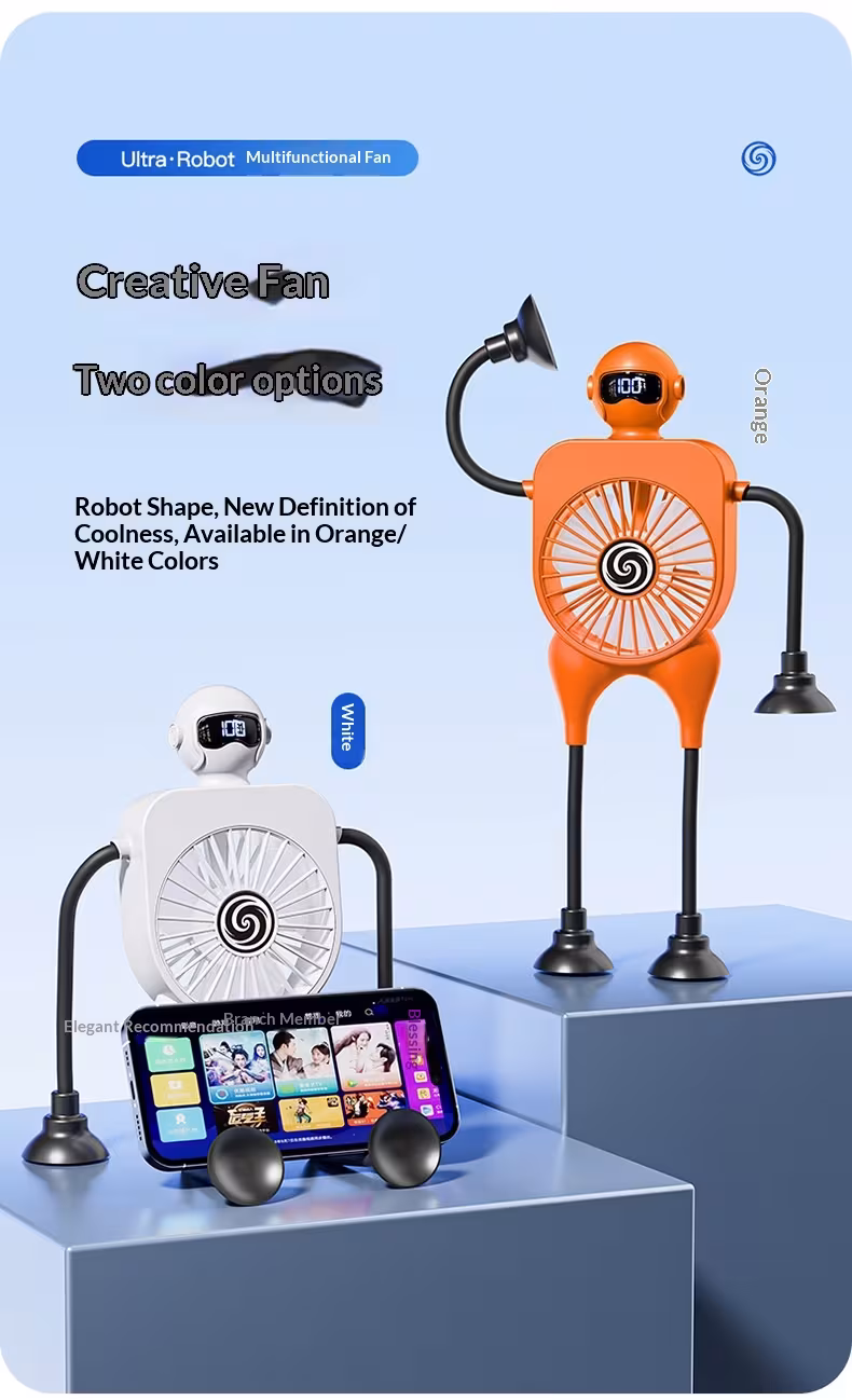 Robot Fan USB Rechargeable Desk Fan Mini Digital Display Table Fan With Suction Cup Portable Cooling Office Car Travel