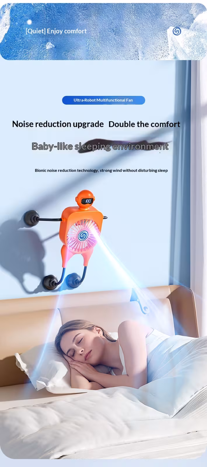 Robot Fan USB Rechargeable Desk Fan Mini Digital Display Table Fan With Suction Cup Portable Cooling Office Car Travel