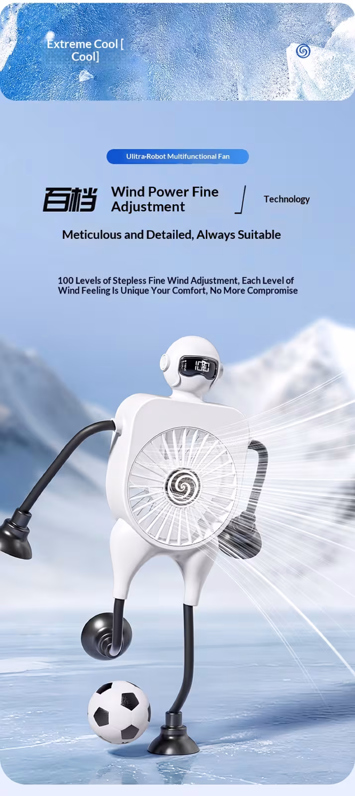 Robot Fan USB Rechargeable Desk Fan Mini Digital Display Table Fan With Suction Cup Portable Cooling Office Car Travel