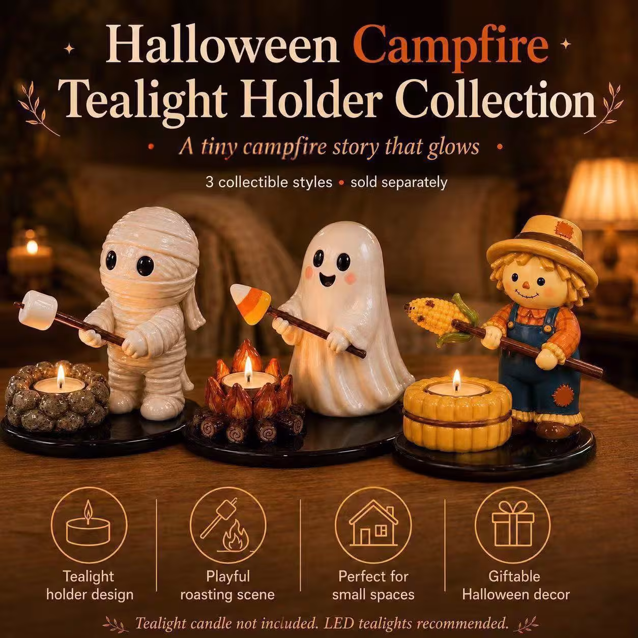 Halloween Campfire Tealight Holder Multi-Purpose Resin Candle Holder Figurine Reusable Craft Figurine Ornaments Gift For Friend