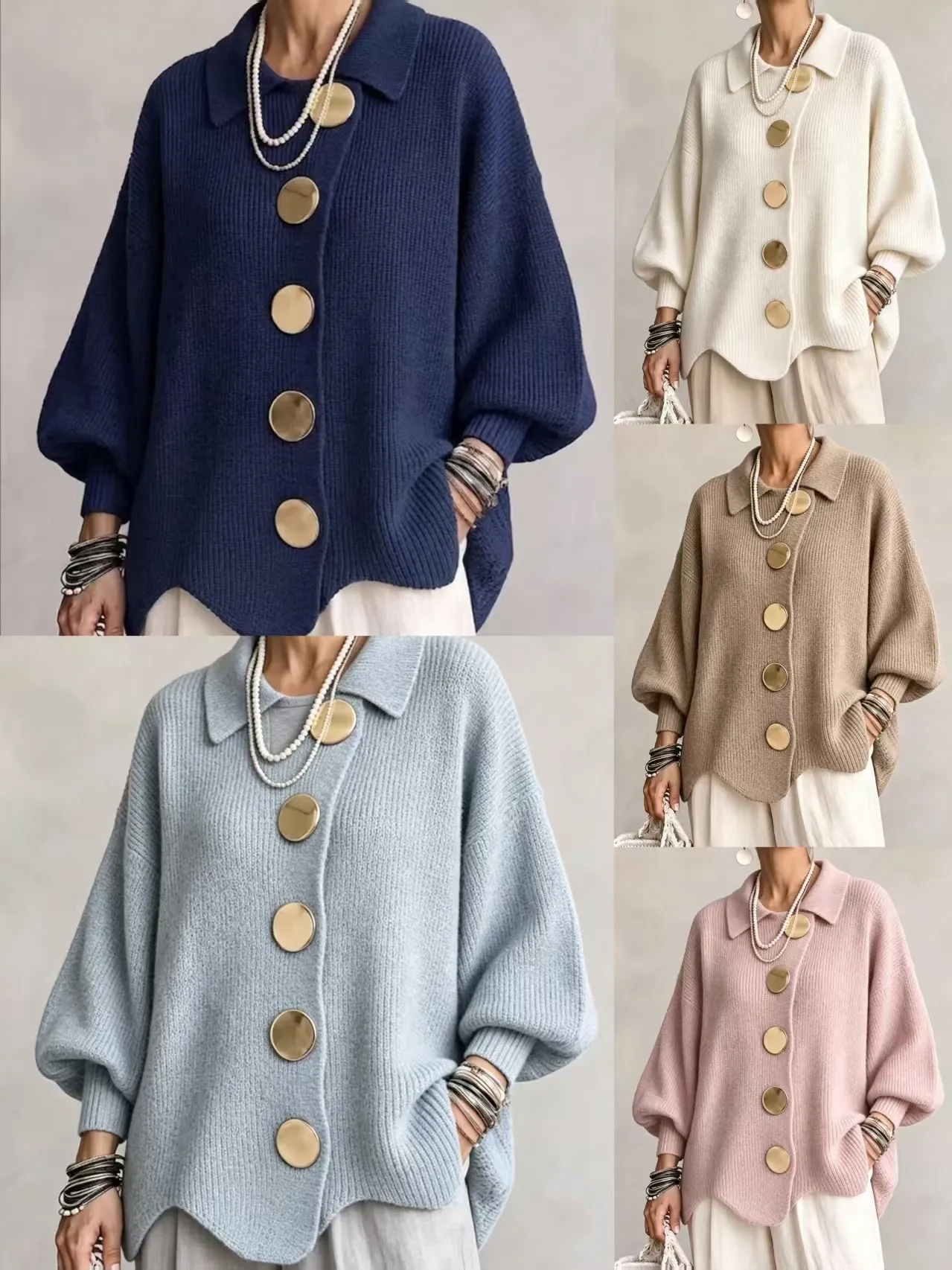 Button-down Cardigan Women's Fall Winter Lapel Button Knitted Jacket Long Sleeve Loose Fit Sweater Outerwear