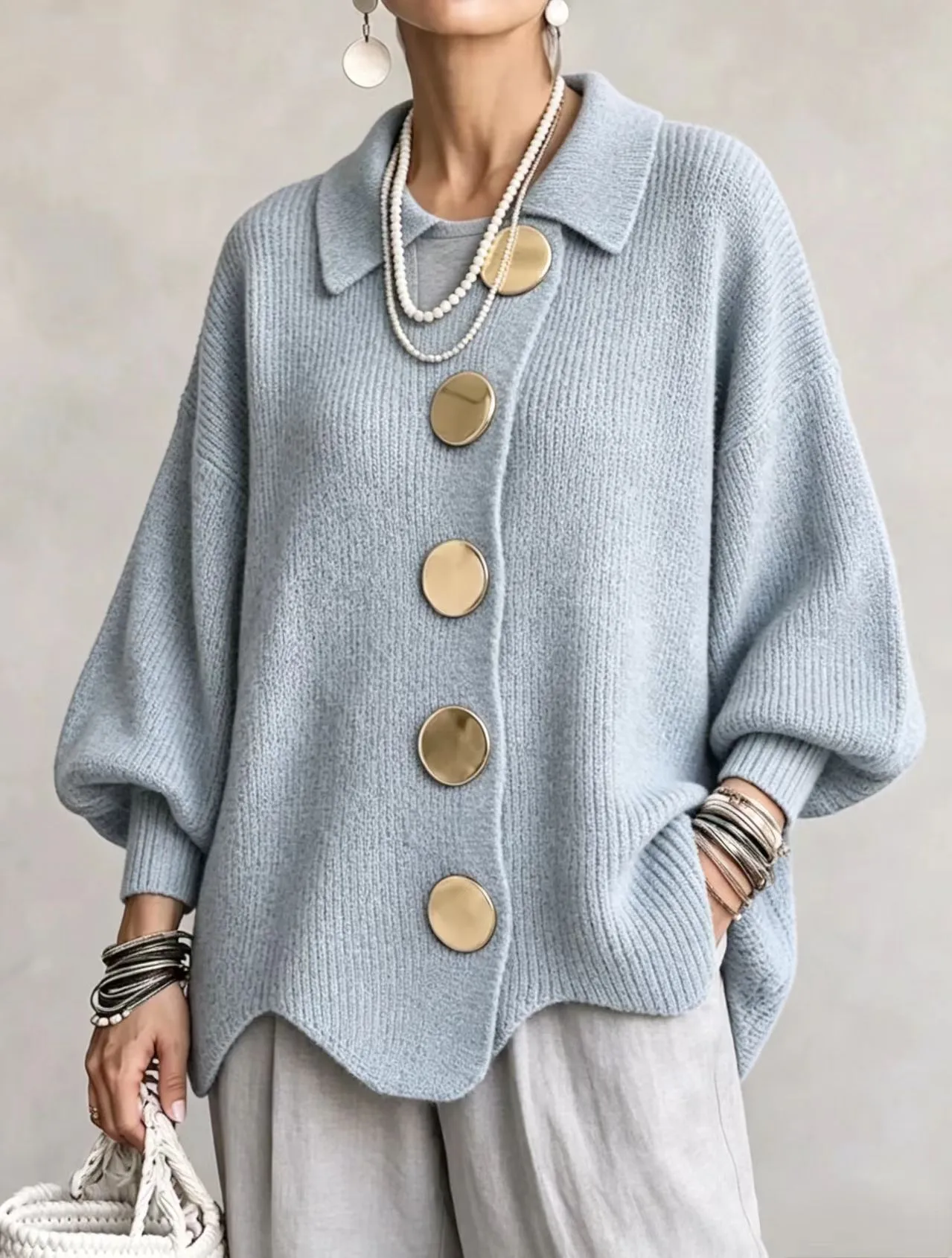 Button-down Cardigan Women's Fall Winter Lapel Button Knitted Jacket Long Sleeve Loose Fit Sweater Outerwear