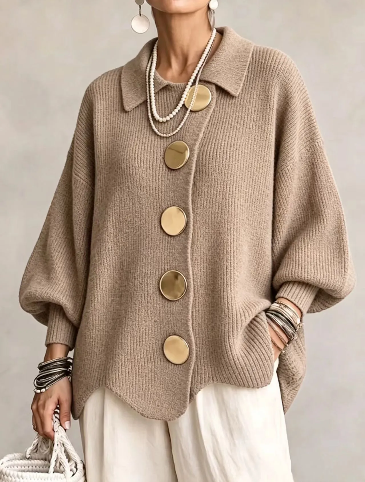 Button-down Cardigan Women's Fall Winter Lapel Button Knitted Jacket Long Sleeve Loose Fit Sweater Outerwear