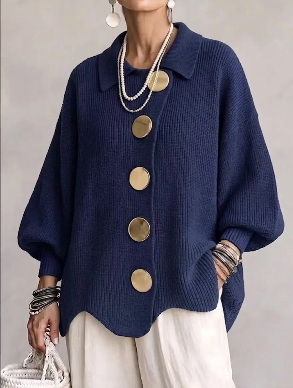 Button-down Cardigan Women's Fall Winter Lapel Button Knitted Jacket Long Sleeve Loose Fit Sweater Outerwear