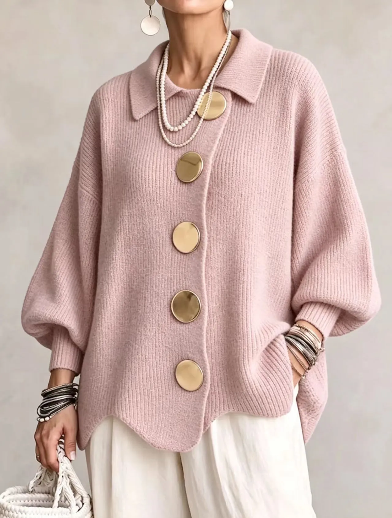 Button-down Cardigan Women's Fall Winter Lapel Button Knitted Jacket Long Sleeve Loose Fit Sweater Outerwear